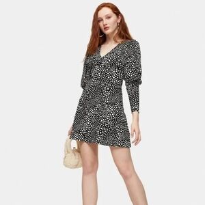 TopShop Volume Puff Sleeve V-Neck Black White Polka Dot Long Sleeve Mini Dress 6